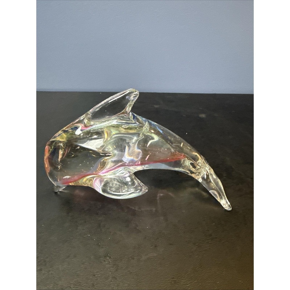 Glass Clear Pink Dolphin‎ Hand Blown Art Paperweight Figurine 5"